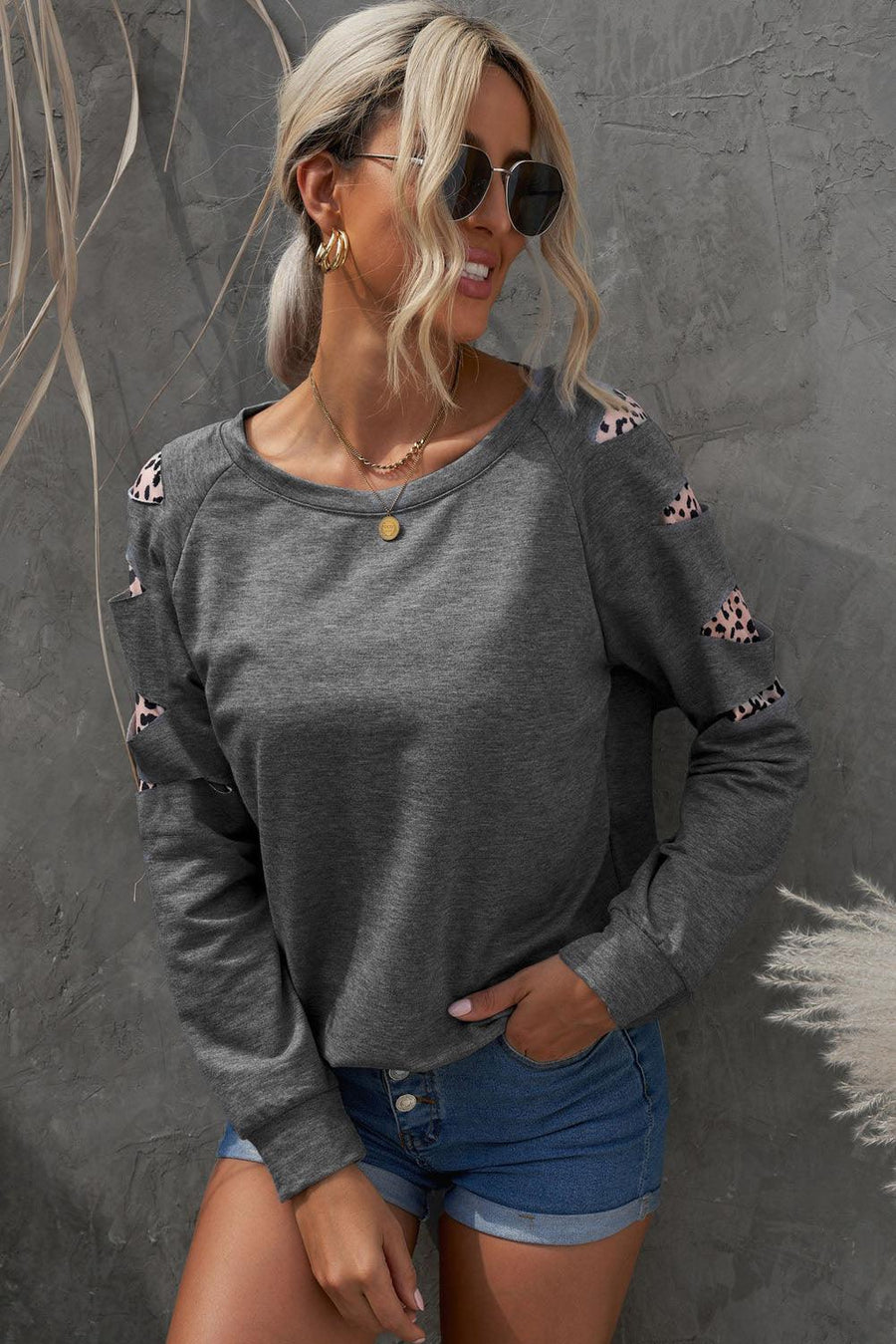Leopard Patchwork Raglan Sleeve Sweatshirt - Trendha
