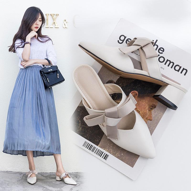 Baotou Muller Shoes Bow Knot Half Slippers Female Pointed Thick Heel - Trendha