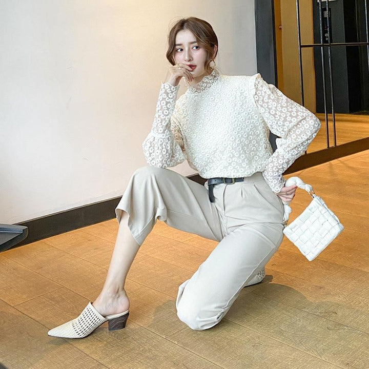 White Hollow Woven Baotou Half Slippers Female Summer Wear Pointed Muller Sandals - Trendha