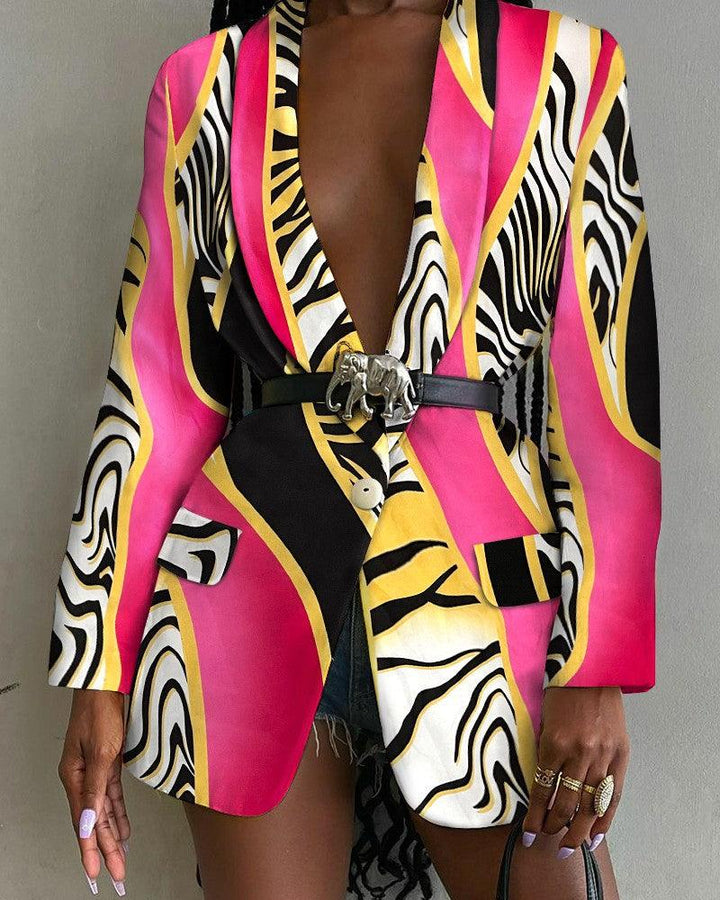 Fashion-Forward Printed Shawl Collar Single-Breasted Belted Blazer for Women - Trendha