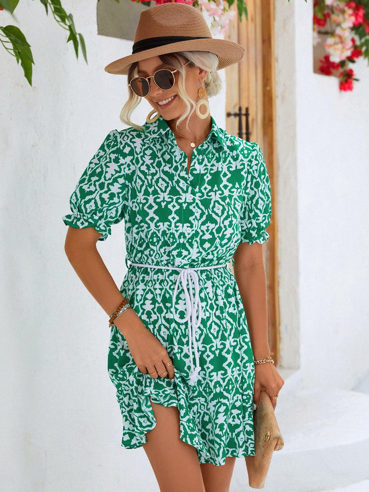 Printed Tie Waist Collared Flounce Sleeve Dress - Trendha