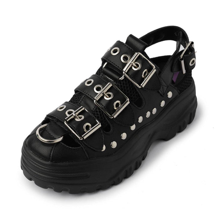 Thick Bottom Muffin Heel Back Trip Belt Leather Casual Shoes Rivet Waterproof Platform Thick Bottom Sandals Student - Trendha
