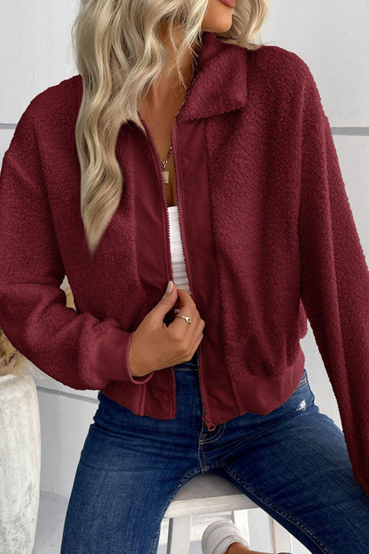 Zip-Up Sherpa Collared Neck Jacket with Pockets - Trendha