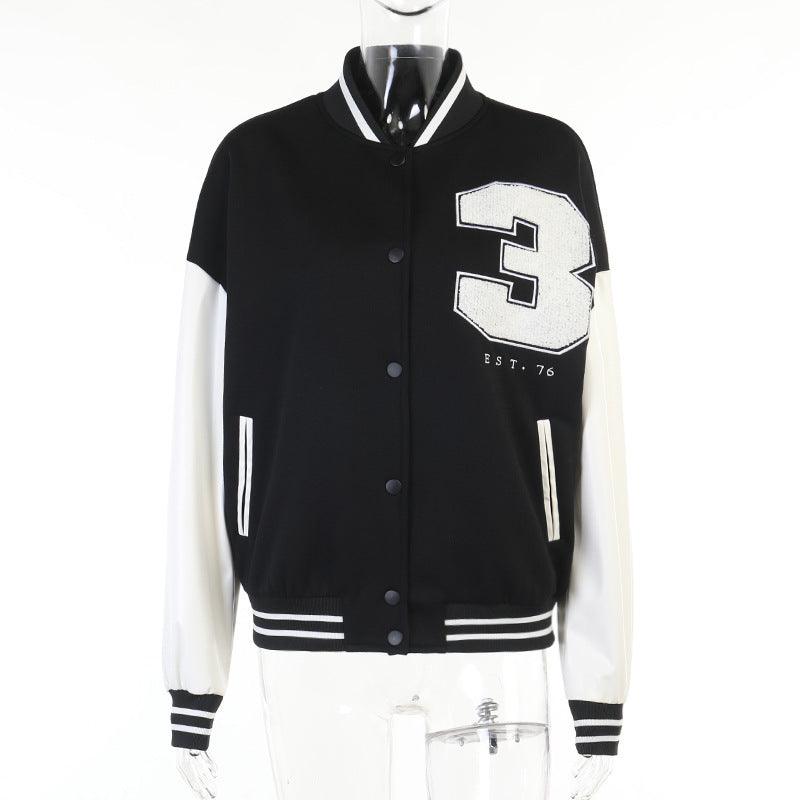PU Stitching Contrast Loose Shoulder Baseball Jacket - Trendha