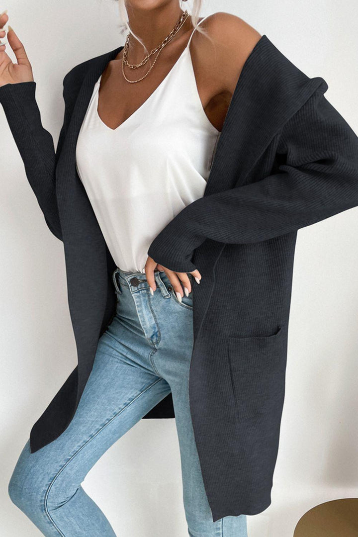 Ribbed Open Front Hooded Cardigan with Pockets - Trendha