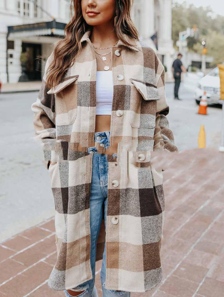 European And American Lapel Loose Women's Plaid Woolen Jacket - Trendha