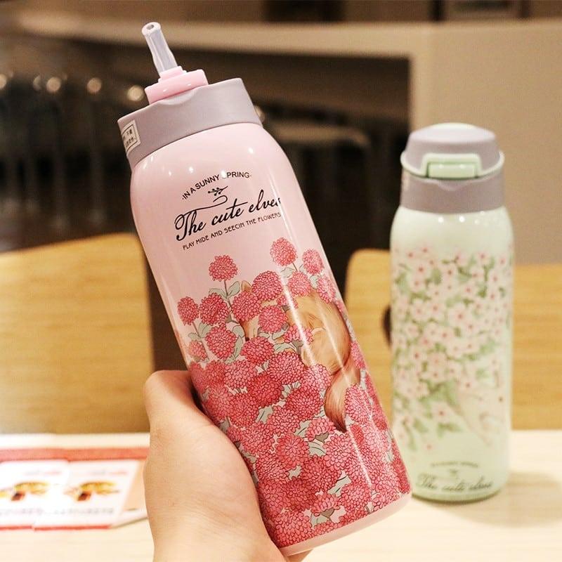 Floral Double Wall Water Bottle with Straw