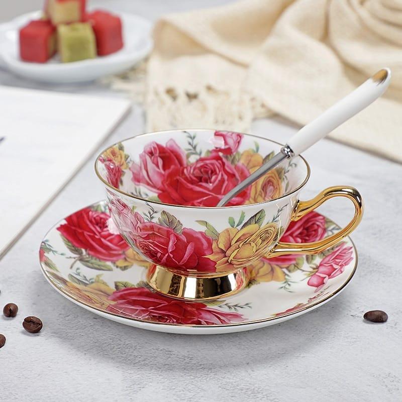 Floral Pattern Porcelain Tea Cup, Saucer and Spoon