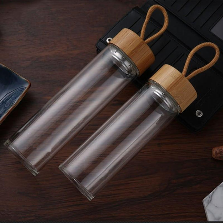 Glass Water Bottle with Bamboo Lid and String - Trendha
