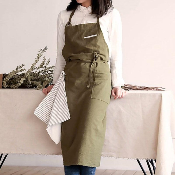 Solid Linen Bib Apron with Pockets for Cafe Barista - Trendha