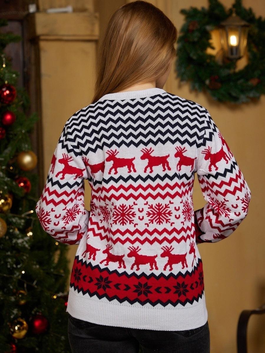 Women's Christmas Reindeer Xmas Snowflake Patterns Knitted Sweater Long Sleeve Elk Floral Printed Pullover - Trendha