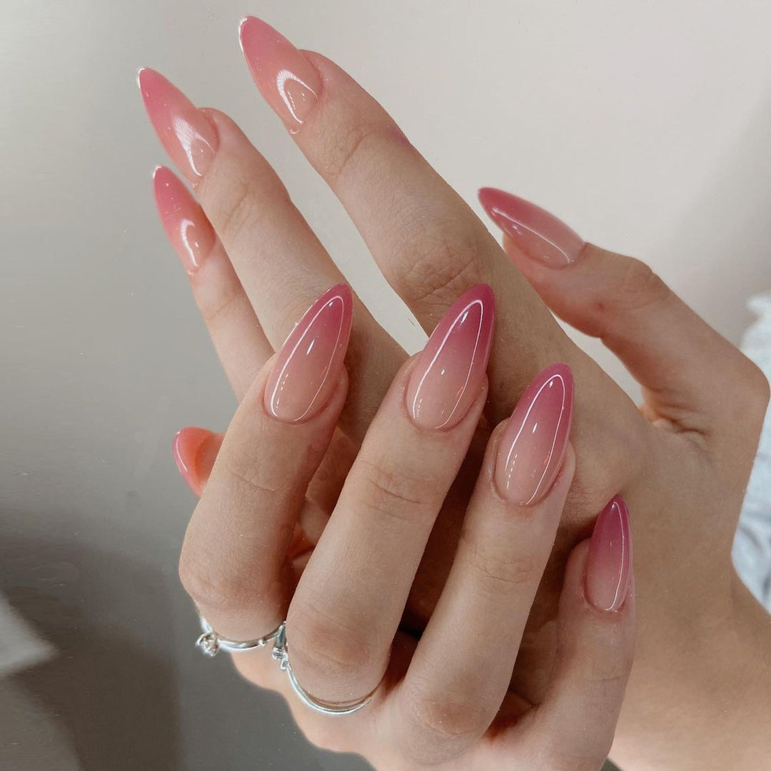 Gradient Pink Almond Glossy Fake Nail Set