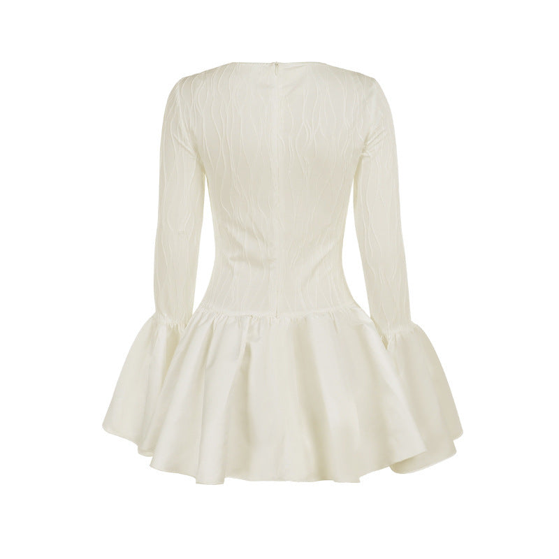 Round-neck Flared Sleeves Long Sleeve Ruffles Dress