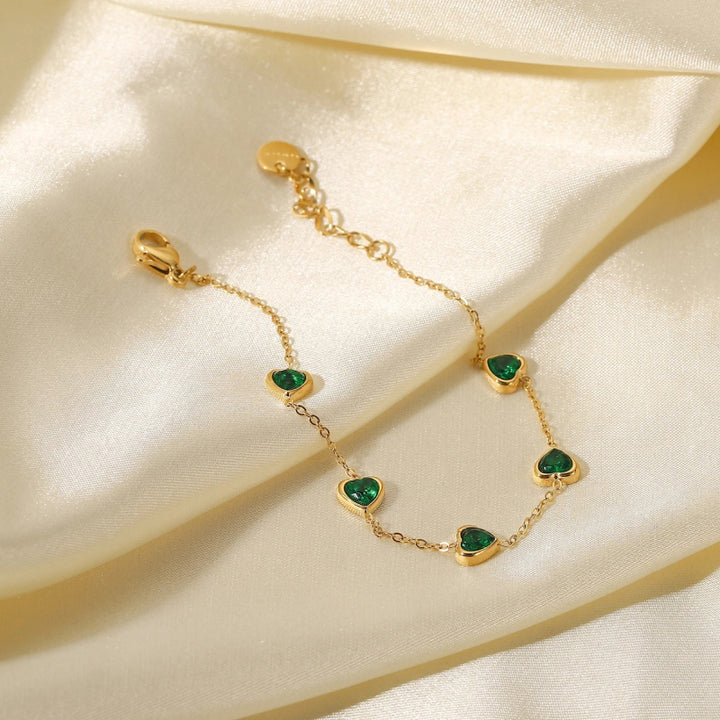 Dainty 14K Gold Plated Multi Green Heart Bracelet