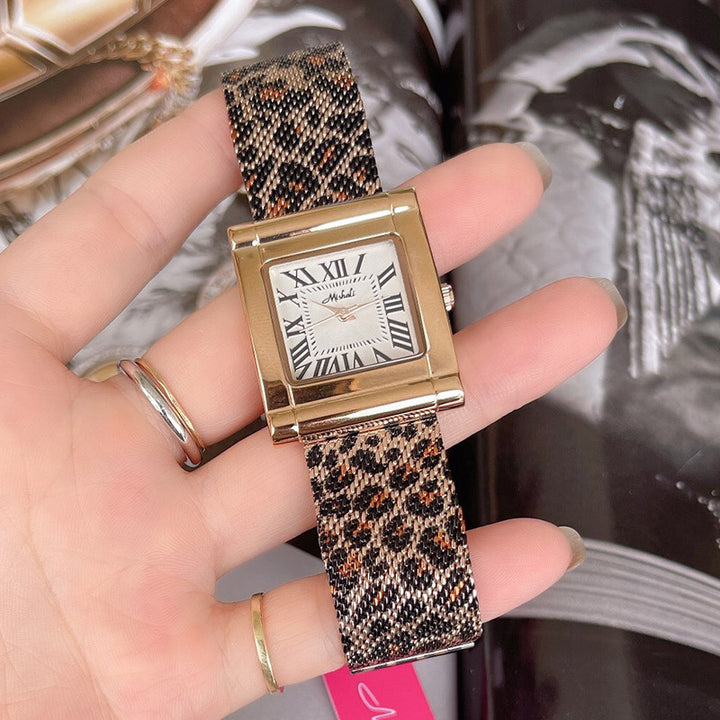 Fashion Steel Belt Leopard Print Mesh Square Watch For Women