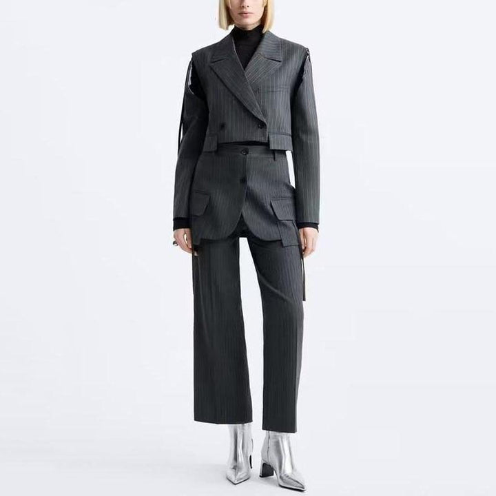 Chic Colorblock Striped Two-Piece Set: Notched Collar Top & High-Waist Pants