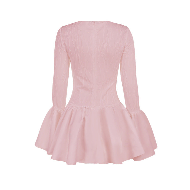 Round-neck Flared Sleeves Long Sleeve Ruffles Dress