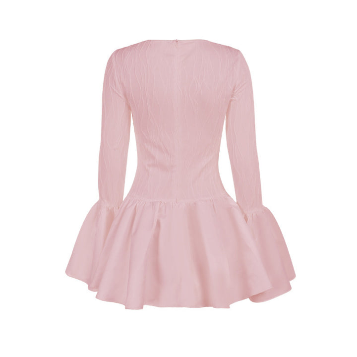 Round-neck Flared Sleeves Long Sleeve Ruffles Dress