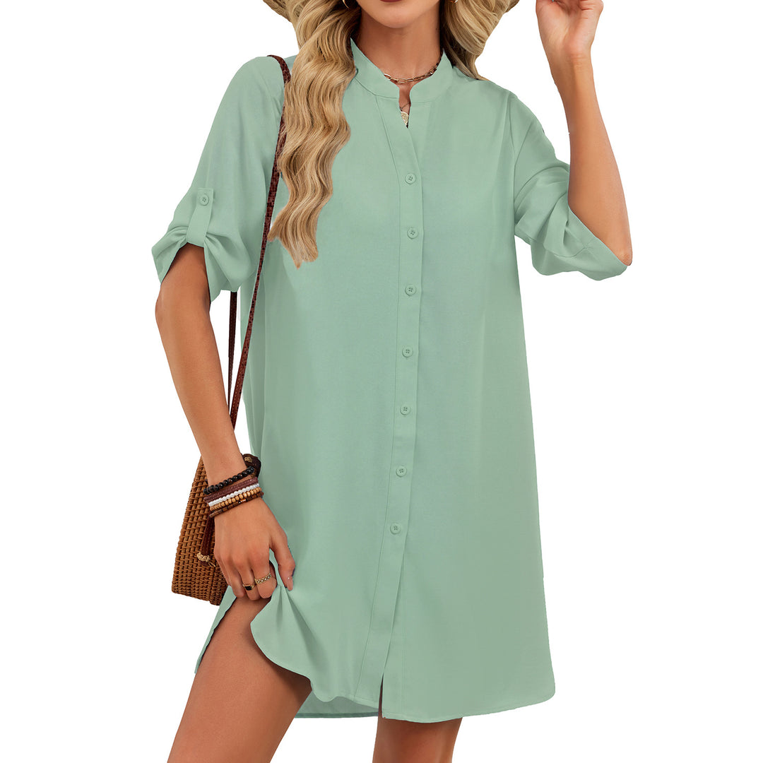 V-neck Shirt-sleeve Button-down Dress For Women