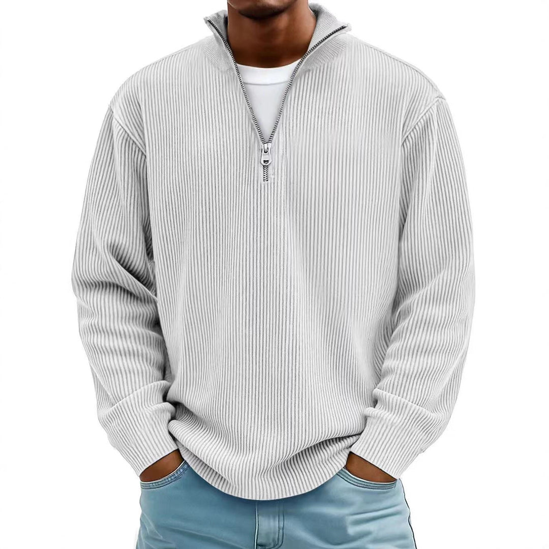 Corduroy Zipper Stand Collar Sweatshirt Fashion Warm Solid Color Long Sleeve Top Men&