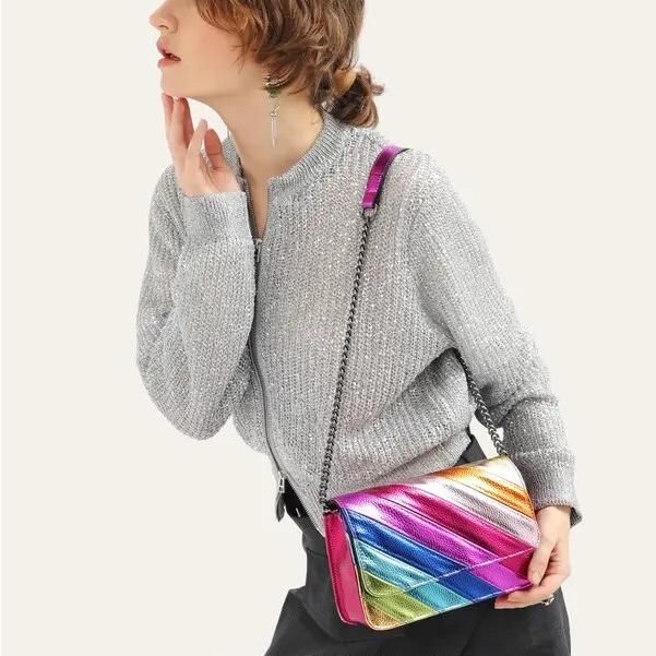 Colorful Striped Flap Handbag with Metal Chain