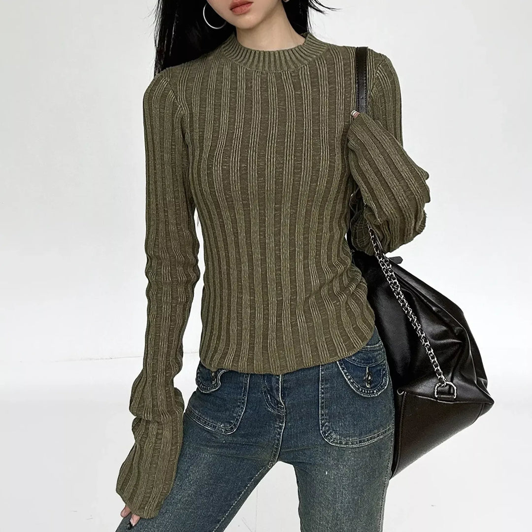 Chic Round Neck Long Sleeve Slim Fit Knitted Pullover