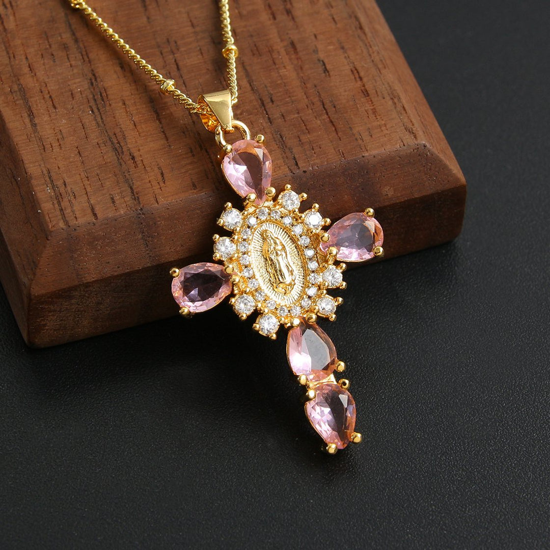 Luxury Rhinestone Virgin Mary Cross Pendant Necklace