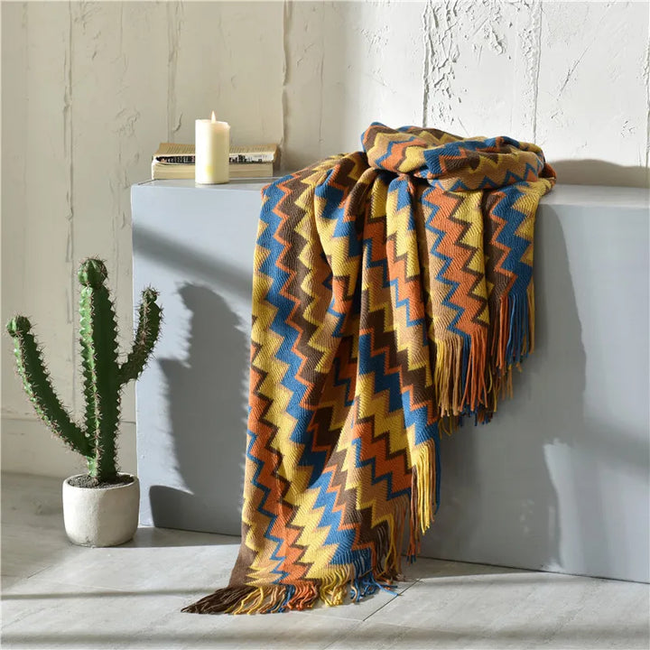 Colorful Zigzag Knit Throw Blanket with Tassel Fringe – Soft & Lightweight for Couch, Bed, or Travel