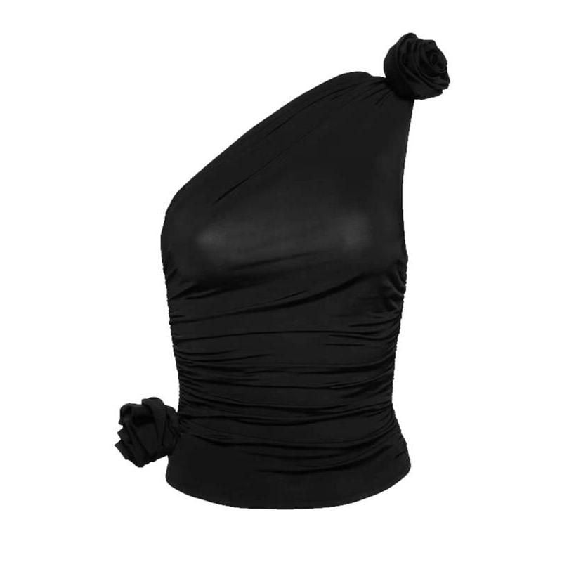 Chic Diagonal Shoulder Knit Tank Top with 3D Rose Detail