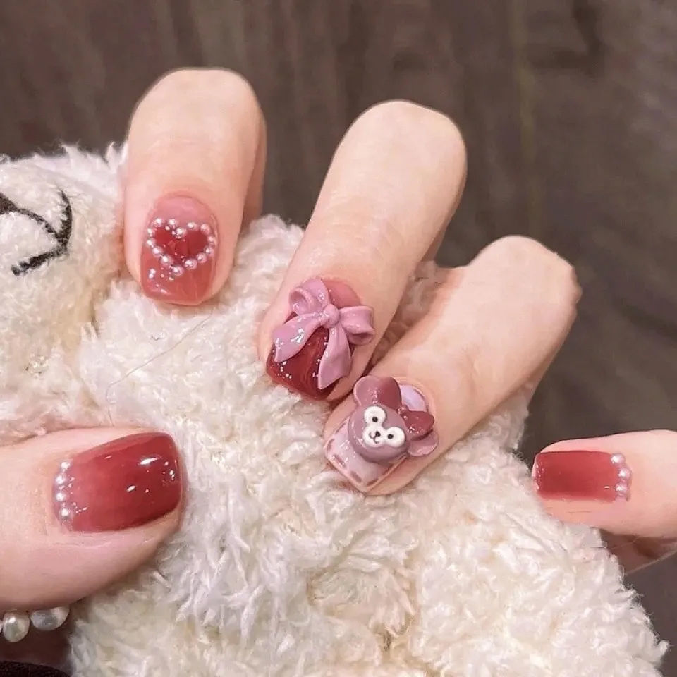 Cute Bow Love Pearl Gradient Nail Art