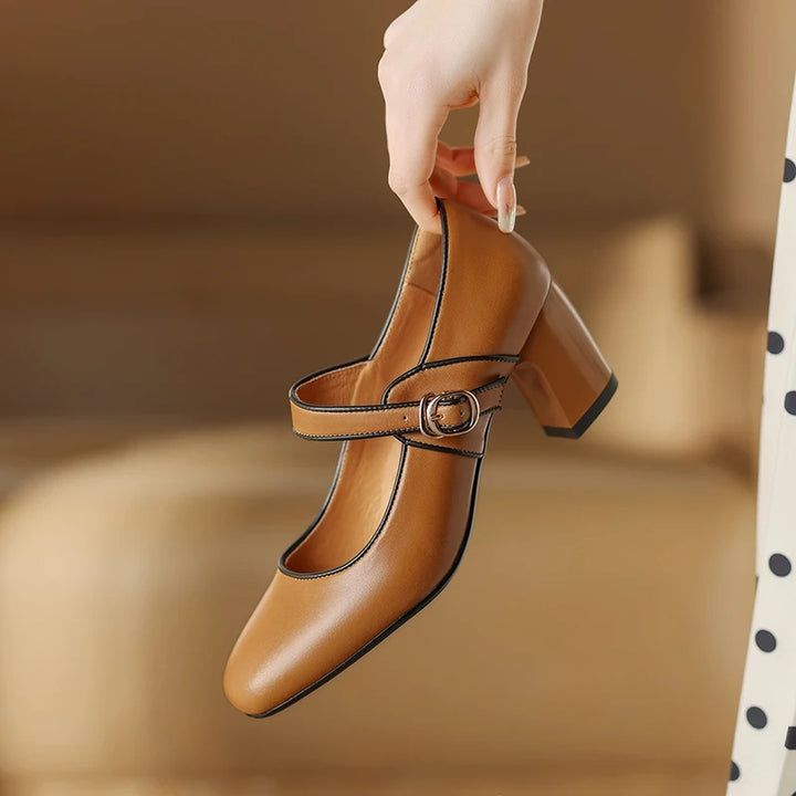 Elegant Genuine Leather Mary Jane Heels for Women