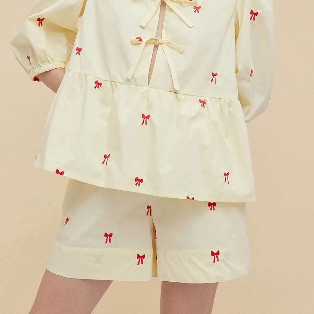 Bow Embroidery Shorts Set