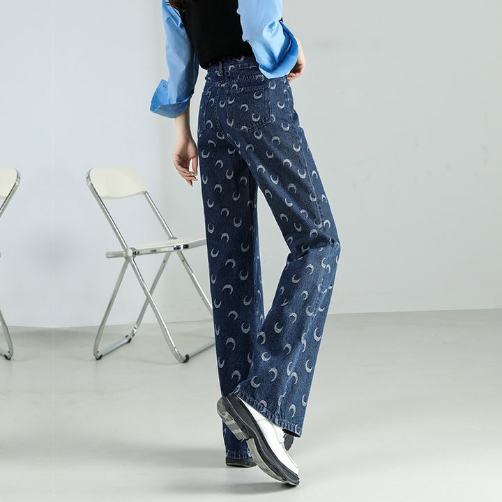 Women's High-Waist Moon Print Baggy Jeans: Casual Vintage-Inspired Denim