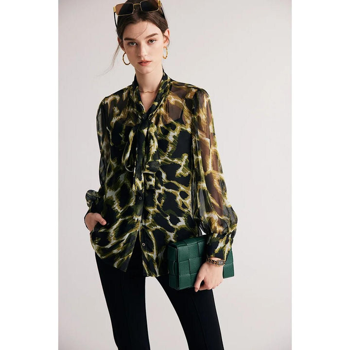 Chic Silk Blend Camouflage Bow Collar Blouse