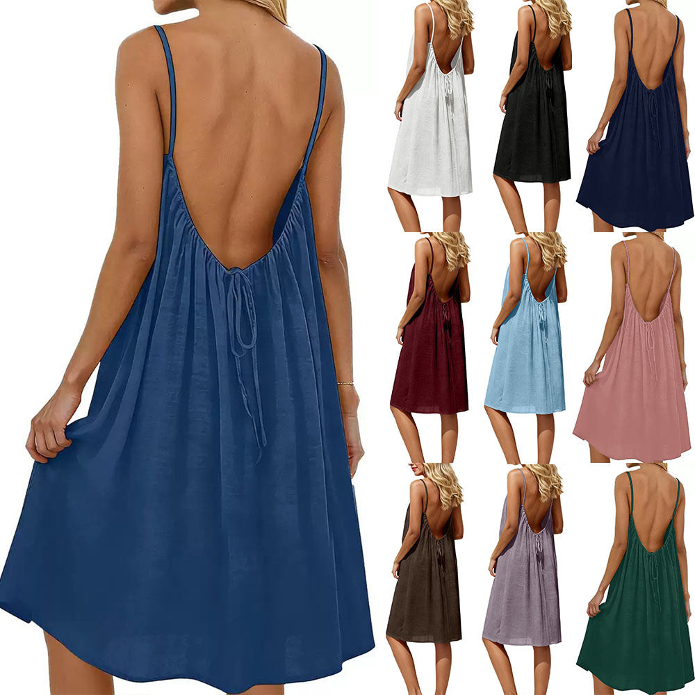 Women's Solid-Colored Strap Backless Dress