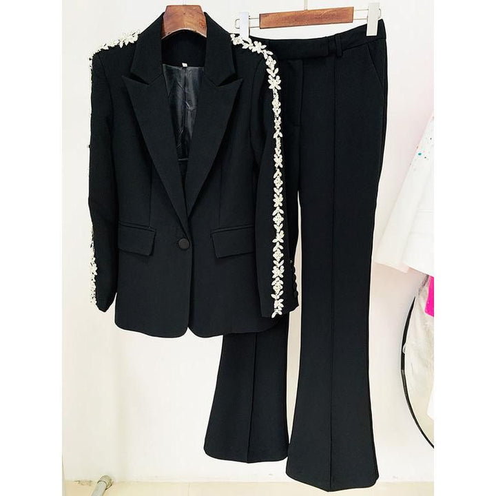 Elegant Designer Women's Beaded Blazer and Flare Pants Suit Set