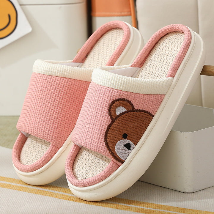 Cute Cartoon Bear Linen Slippers For Women Indoor Non-slip Sweat-absorbent Breathable Slip On Floor Bedroom Slipper House Shoes