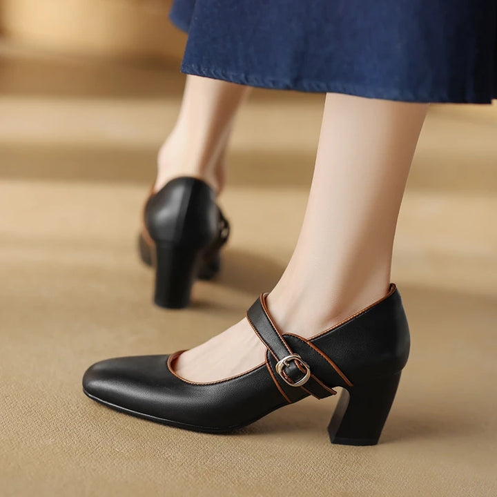 Elegant Genuine Leather Mary Jane Heels for Women