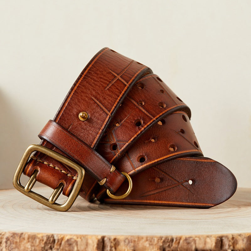 Genuine Leather Men's Double Buckle Belt for Jeans and Trousers