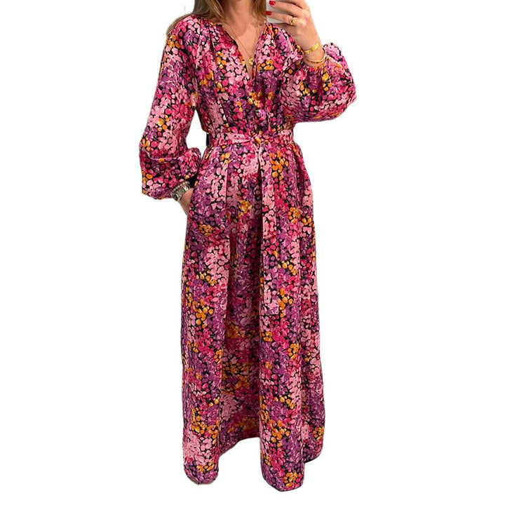 European And American Printed Long Sleeve Bohemian Mid-length Dress