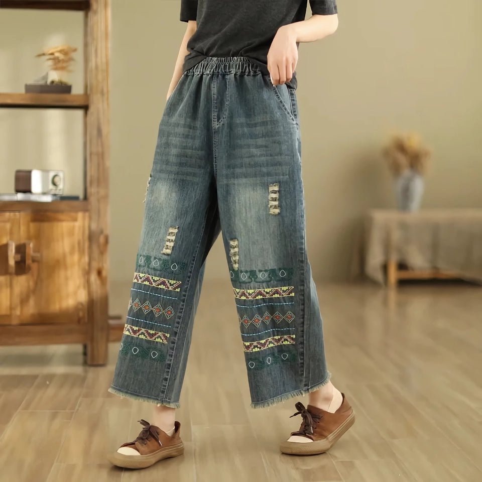 Boho Chic Vintage Embroidered Wide-Leg Jeans
