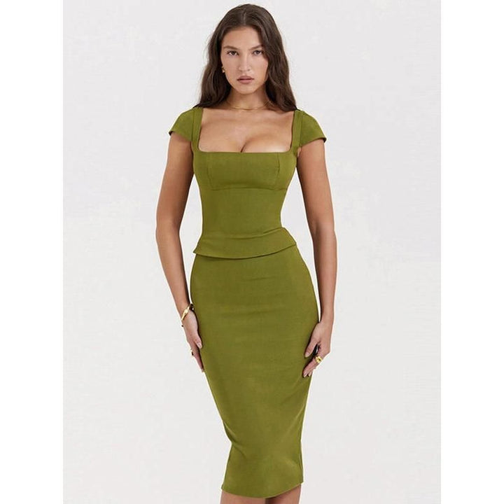 Green Sexy Women Two Piece Set - Square Collar Short Sleeve Tops And Midi Skirt Matching Sets