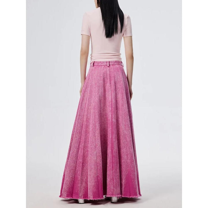 High Waist A-line Floor-Length Denim Skirt in Flash Rose Pink