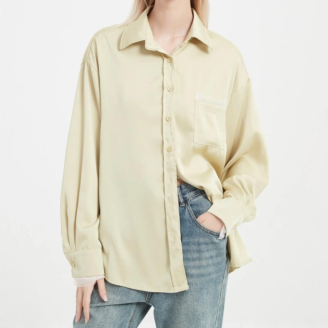 Satin-Finish Long Sleeve Blouse