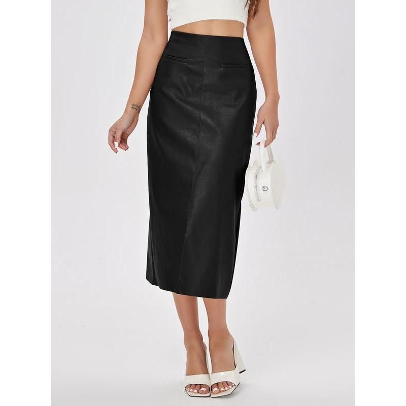 Elegant High-Waist Faux Leather Straight Skirt