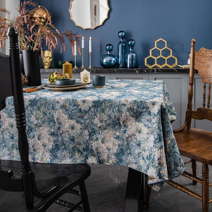 Blue Jacquard Floral Tablecloth - Dustproof Rectangular Cover for Dining and Coffee Tables