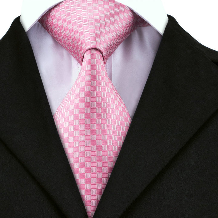 Pink and White Plaid Silk Tie Set – Men's Formal Wedding Tie, Hanky, Cufflinks