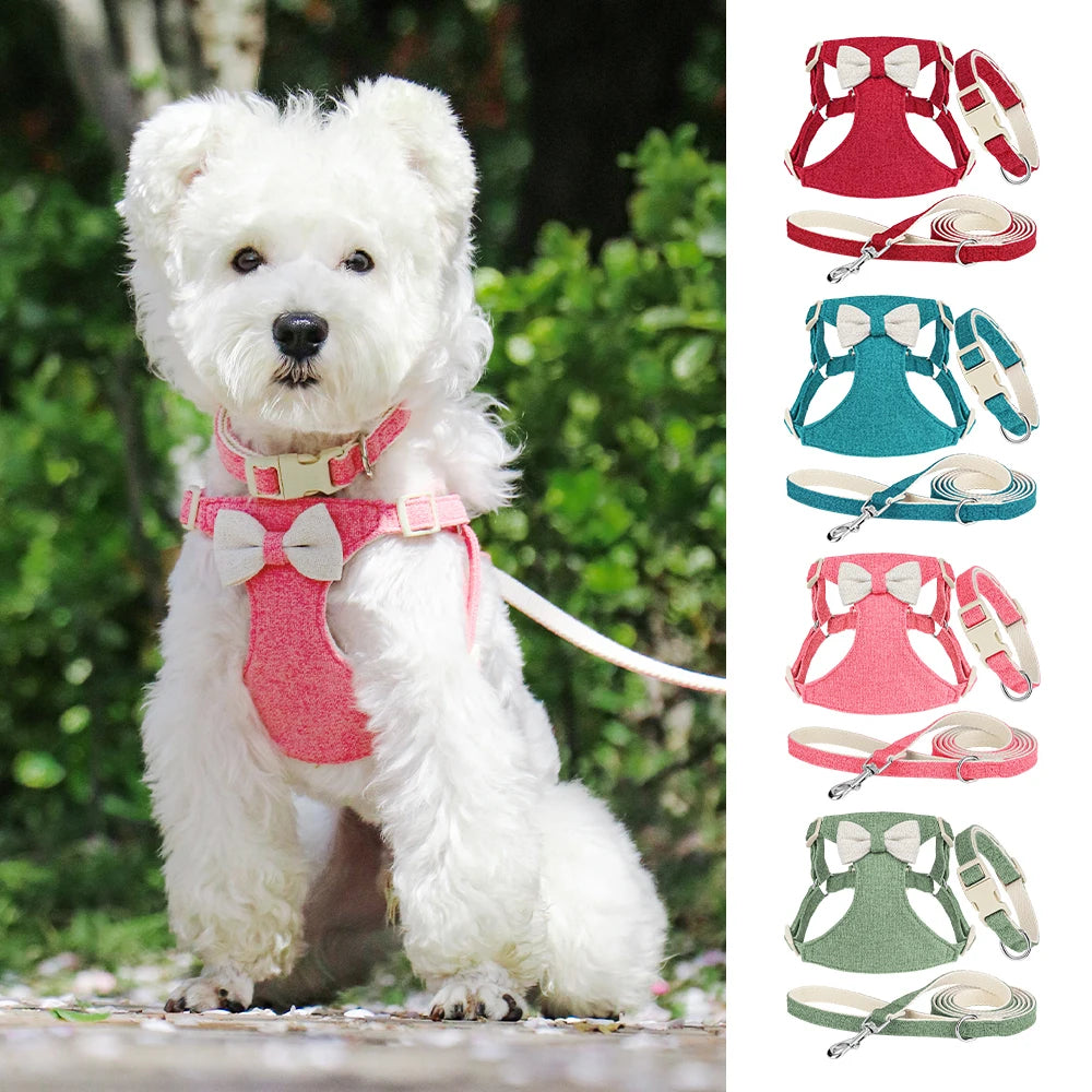 Adorable Quick Release Dog Collar Harness & Leash Set with Bowknot