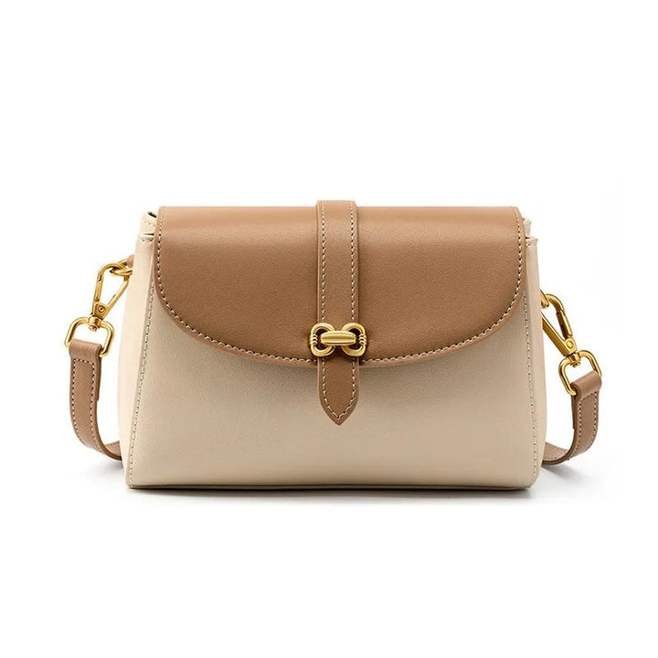 Elegant Small Square Messenger Bag with Gold Buckle & Bow - Leather Shoulder Bag