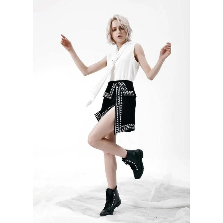 High Waist Punk Rivet Mini Skirt with Irregular Slit and Back Zipper